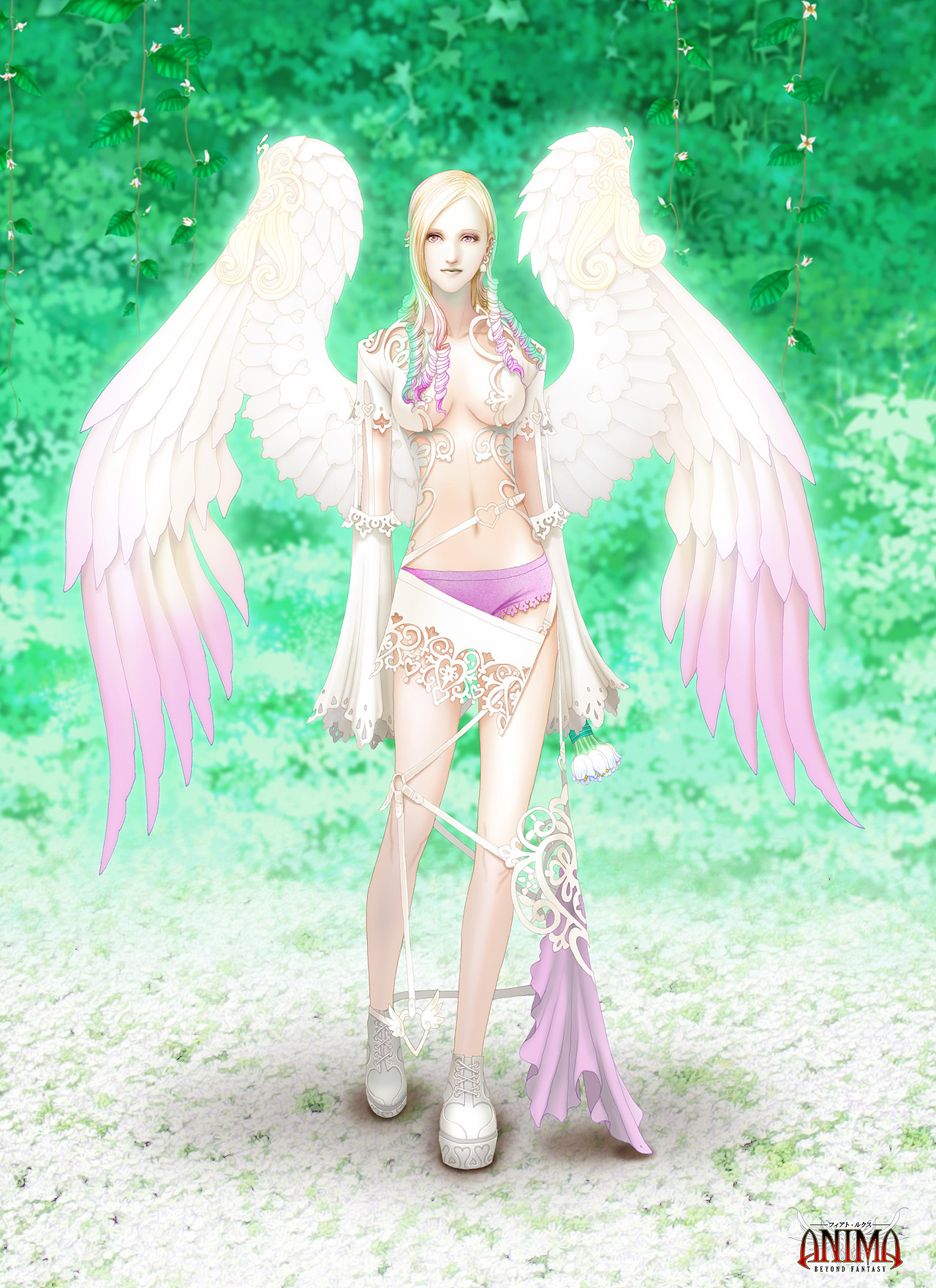 wen-m, anima, highres, 1girl, angel wings, blonde hair, center opening, drill hair, earrings, female focus, flower, gradient hair, jewelry, multicolored hair, panties, pink panties, solo, underwear, wings