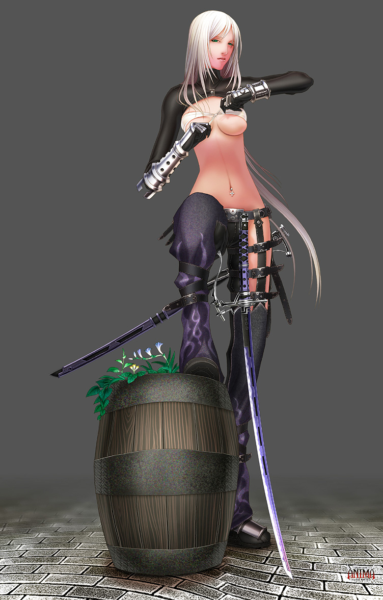 wen-m, celia (anima), anima, 1girl, barrel, breasts, female focus, flower, green eyes, solo, strapless, sword, thighhighs, tube top, tying, underboob, weapon, white hair