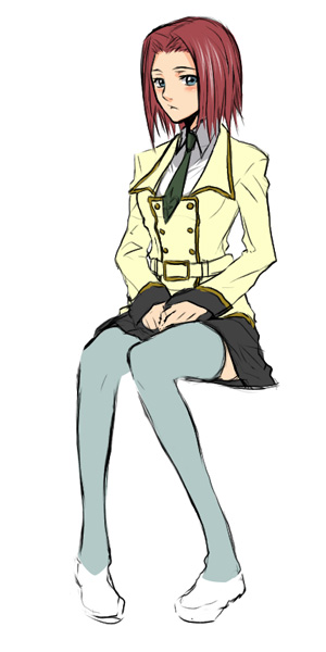 sami (object dump), kouzuki kallen, code geass, 00s, 1girl, blush, female focus, necktie, school uniform, serafuku, short hair, sitting, solo, thighhighs