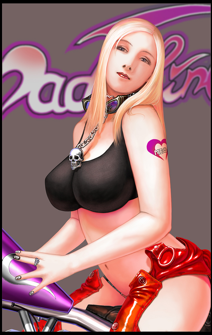 wen-m, anima, vehicle, 1girl, blonde hair, breasts, chain, cleavage, female focus, goggles, large breasts, long hair, motor vehicle, motorcycle, skull, solo, tattoo