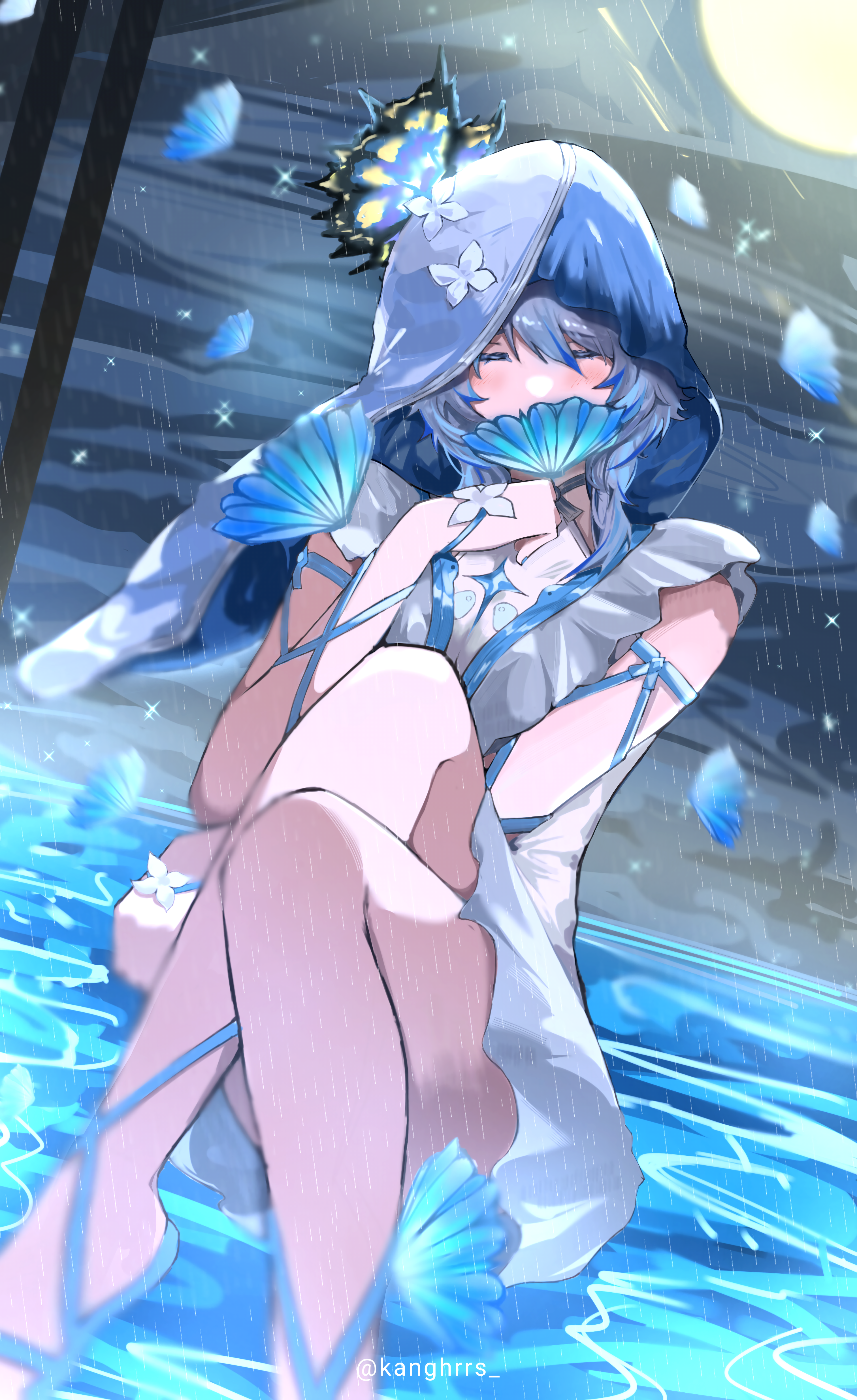 kanghrrs, shorekeeper (wuthering waves), wuthering waves, absurdres, commentary, highres, 1girl, armlet, blue butterfly, blue veil, bug, butterfly, butterfly on hand, closed eyes, dress, hand up, insect, jewelry, rain, sitting, sleeveless, sleeveless dress, solo, twitter username, two-tone veil, veil, white dress, white veil