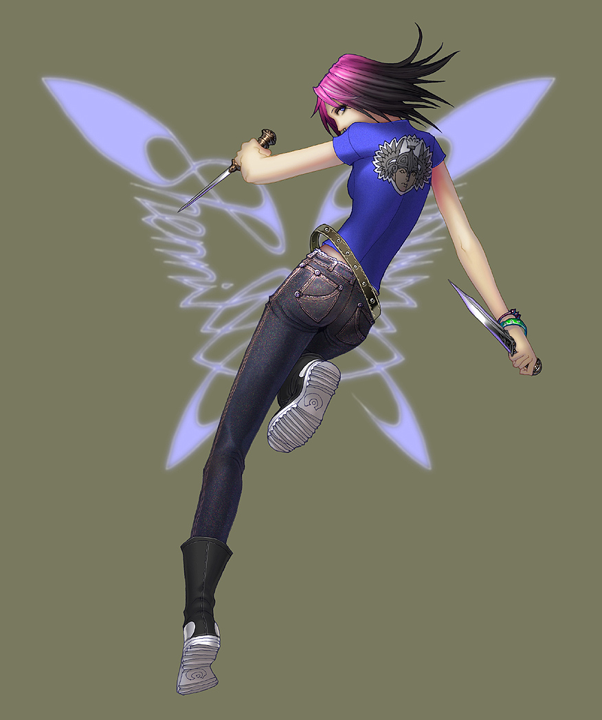 wen-m, anima, 1girl, belt, blue eyes, boots, bracelet, dagger, female focus, jewelry, knife, purple hair, realistic, short hair, solo, weapon