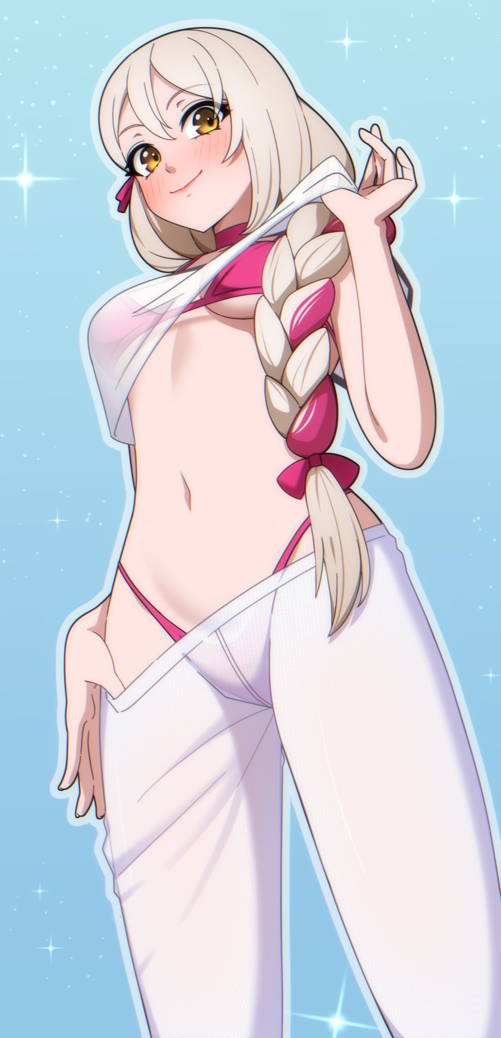 kdtwifi, framme (fire emblem), fire emblem, fire emblem engage, nintendo, absurdres, highres, 1girl, blonde hair, braid, eyeliner, long hair, looking at viewer, makeup, multicolored hair, pink eyeliner, pink hair, single braid, smile, solo, split-color hair, two-tone hair, yellow eyes