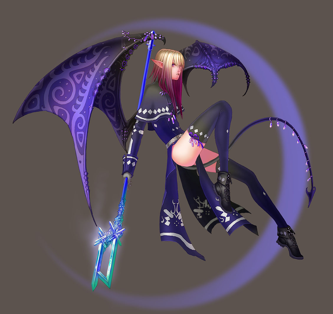 wen-m, anima, 1girl, blonde hair, demon girl, female focus, gloves, multicolored hair, pointy ears, solo, tail, thighhighs, two-tone hair, weapon, wings