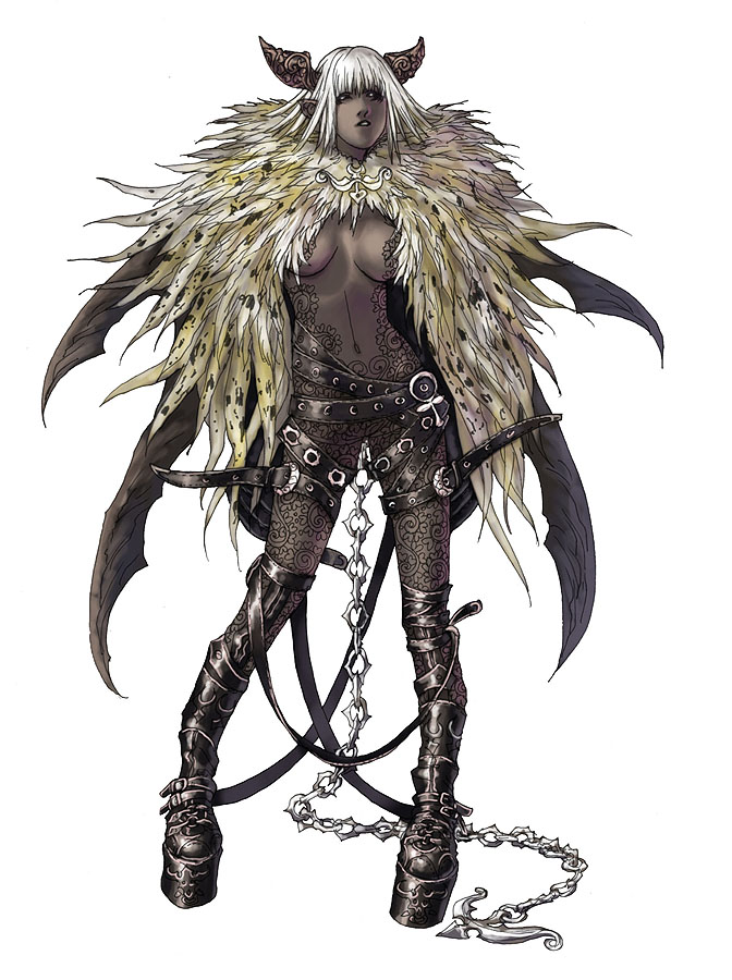 wen-m, anima, platform footwear, 1girl, breasts, cape, chain, dark-skinned female, dark skin, demon girl, female focus, horns, short hair, simple background, single horn, solo, strap, underboob, white background, white hair