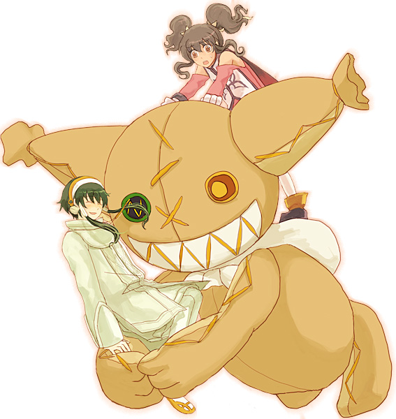 anise tatlin, ion (tales), tokunaga (tales), tales of (series), tales of the abyss, 00s, 1boy, 1girl, black hair, green hair, hair tubes, short hair with long locks, stuffed toy, trap, twintails