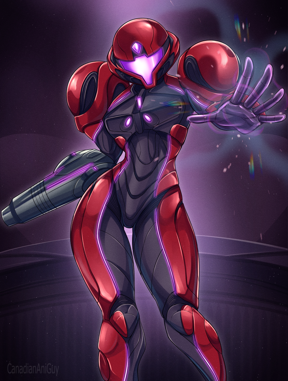 canadiananiguy, samus aran, metroid, metroid prime 4: beyond, nintendo, highres, 1girl, arm cannon, armor, artist name, assault visor, full armor, power armor, power suit (metroid), purple visor, red armor, two-tone armor, vi-o-la suit, weapon