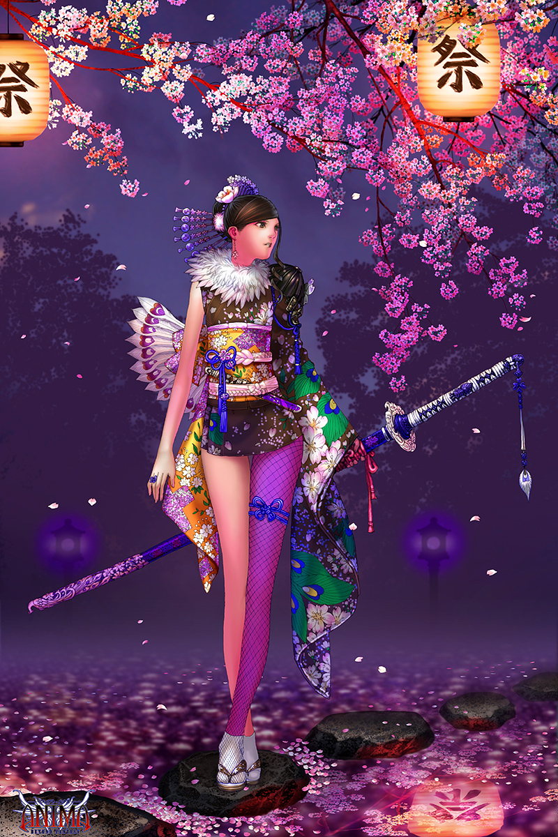 wen-m, anima, fishnet legwear, highres, 1girl, earrings, female focus, fishnets, flower, full body, holding, holding weapon, japanese clothes, jewelry, katana, kimono, long sleeves, looking to the side, outdoors, ring, sash, shoulder pads, sky, solo, standing, sword, thigh gap, weapon, wide sleeves