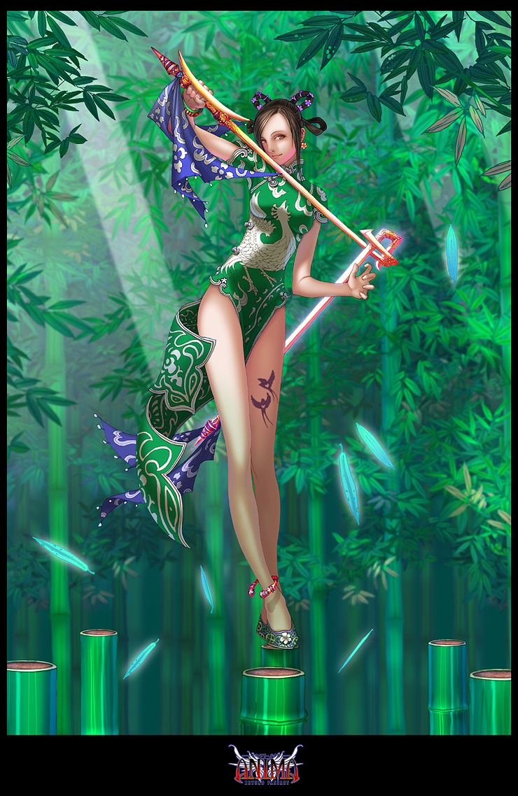 wen-m, anima, china dress, chinese clothes, dress, earrings, flower, jewelry, leaf, solo, tattoo