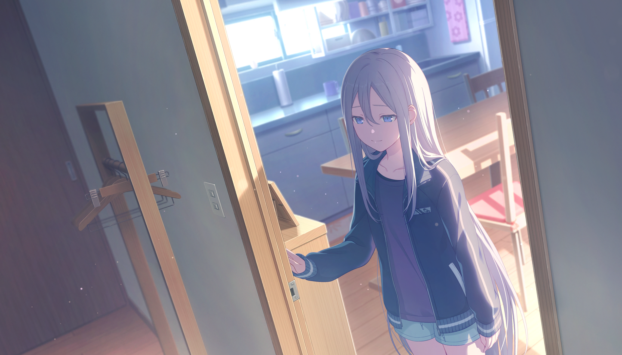 colorful palette, yoisaki kanade, game cg, highres, official art, third-party source, 1girl, blurry, door, hair between eyes, jacket, long hair, looking at viewer, papilio vinculatus (project sekai), shirt, shorts, solo, very long hair, white hair