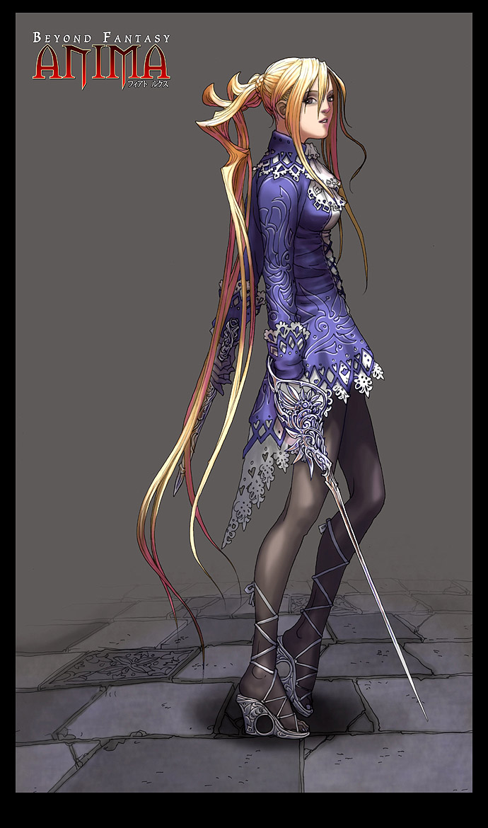 wen-m, anima, blonde hair, dress, high heels, long hair, pantyhose, shoes, solo, sword, weapon