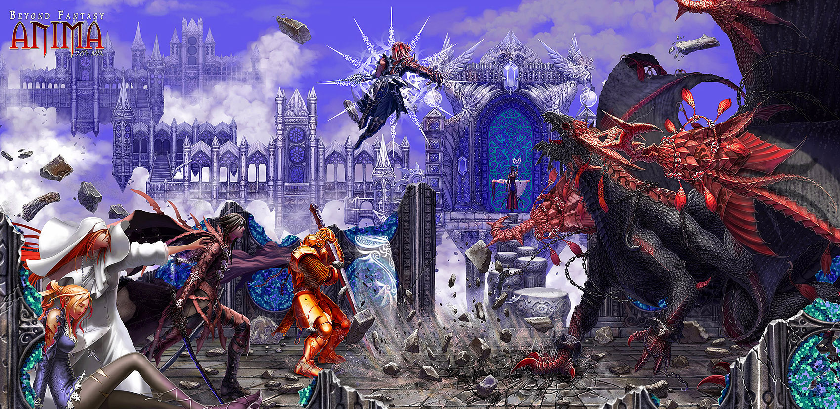wen-m, anima, highres, long image, wide image, 3boys, 3girls, armor, battle, blood, chain, cloud, dragon, fantasy, long hair, multiple boys, multiple girls, sky, sword, weapon