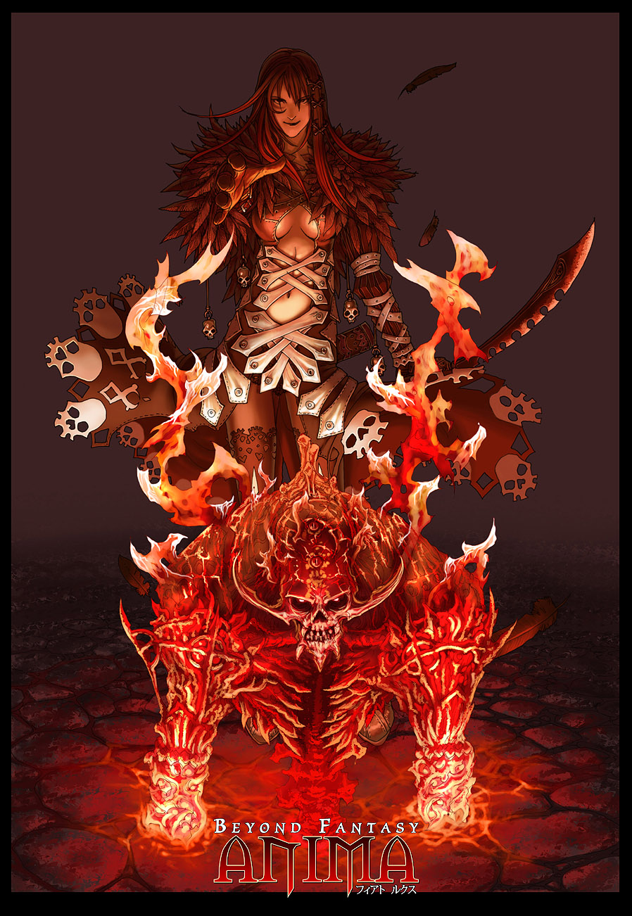 wen-m, anima, highres, 1girl, demon, fantasy, feathers, fire, gloves, long hair, sword, weapon
