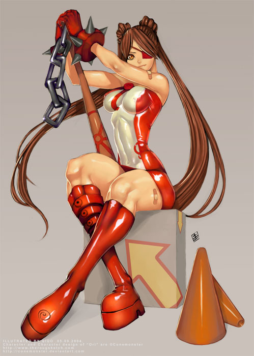 qiqo, platform footwear, bad deviantart id, bad id, 1girl, abs, bandages, baseball bat, boots, bracelet, breasts, brown hair, chain, covered erect nipples, eyepatch, female focus, gloves, jewelry, long hair, muscular, platform boots, sitting, skin tight, solo, spiked bracelet, spikes, thigh boots, thighhighs, tight clothes, twintails, watermark