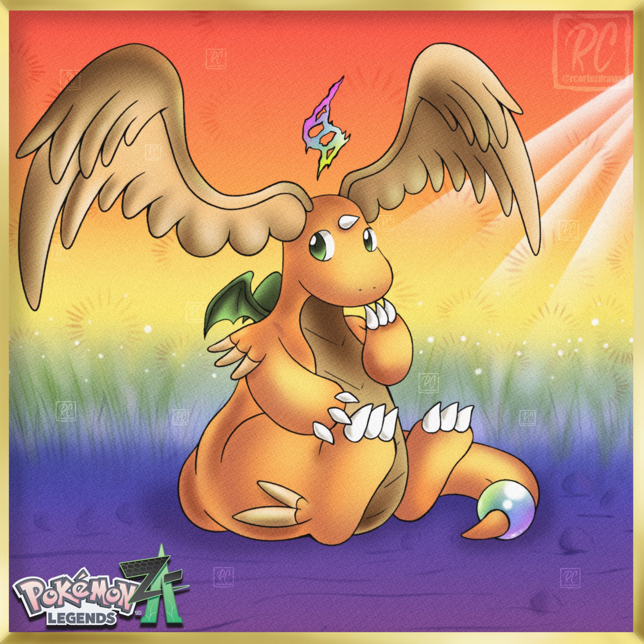 rcortezdraws, dragonite, mega dragonite, nintendo, pokemon, pokemon legends: z-a, commentary, english commentary, highres, claws, closed mouth, colored skin, dragon, feathered wings, full body, gen 1 pokemon, green eyes, head wings, horns, leg wings, mega evolution symbol, mega pokemon, no humans, orange skin, pokemon (creature), pokemon focus, single horn, sitting, solo, tail, wings