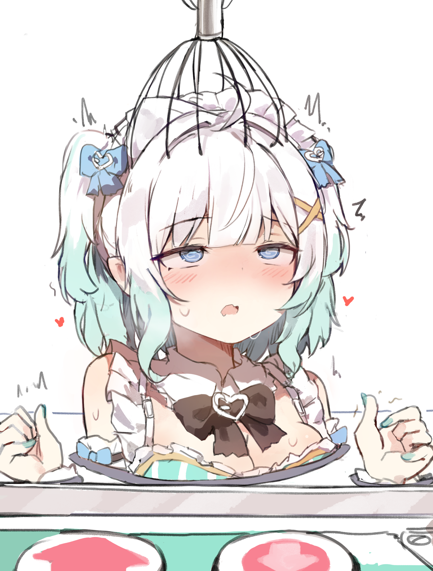 orobou, mint fantome, indie virtual youtuber, commentary, highres, paid reward available, 1girl, @ @, aqua hair, black bow, black bowtie, blue eyes, blue ribbon, blush, bow, bowtie, breasts, cleavage, collar, detached collar, fang, gradient hair, hair intakes, hair ribbon, maid headdress, multicolored hair, open mouth, ribbon, rolling eyes, scalp massager, short hair, sidelocks, skin fang, solo, sweat, two-tone hair, two side up, uncommon stimulation, upper body, virtual youtuber, white background, white collar, white hair