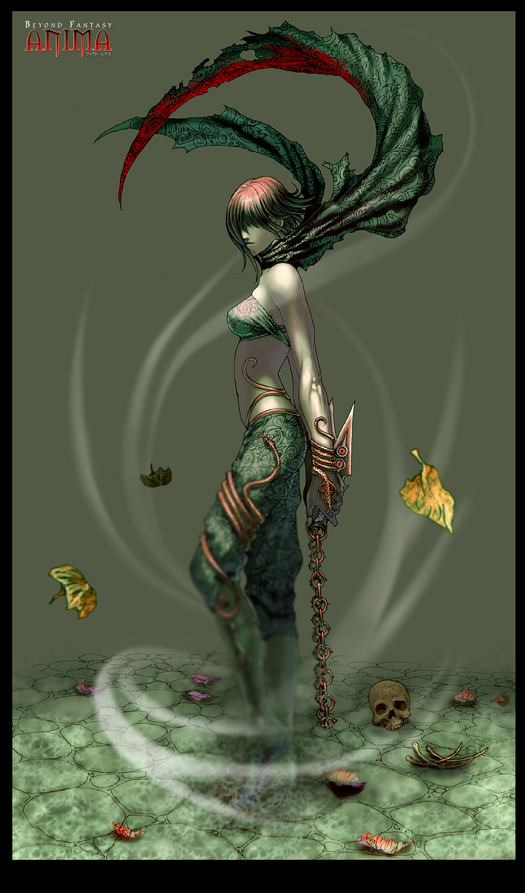 wen-m, anima, highres, 1girl, chain, dagger, female focus, knife, leaf, multicolored hair, scarf, skull, solo, two-tone hair, weapon, wind