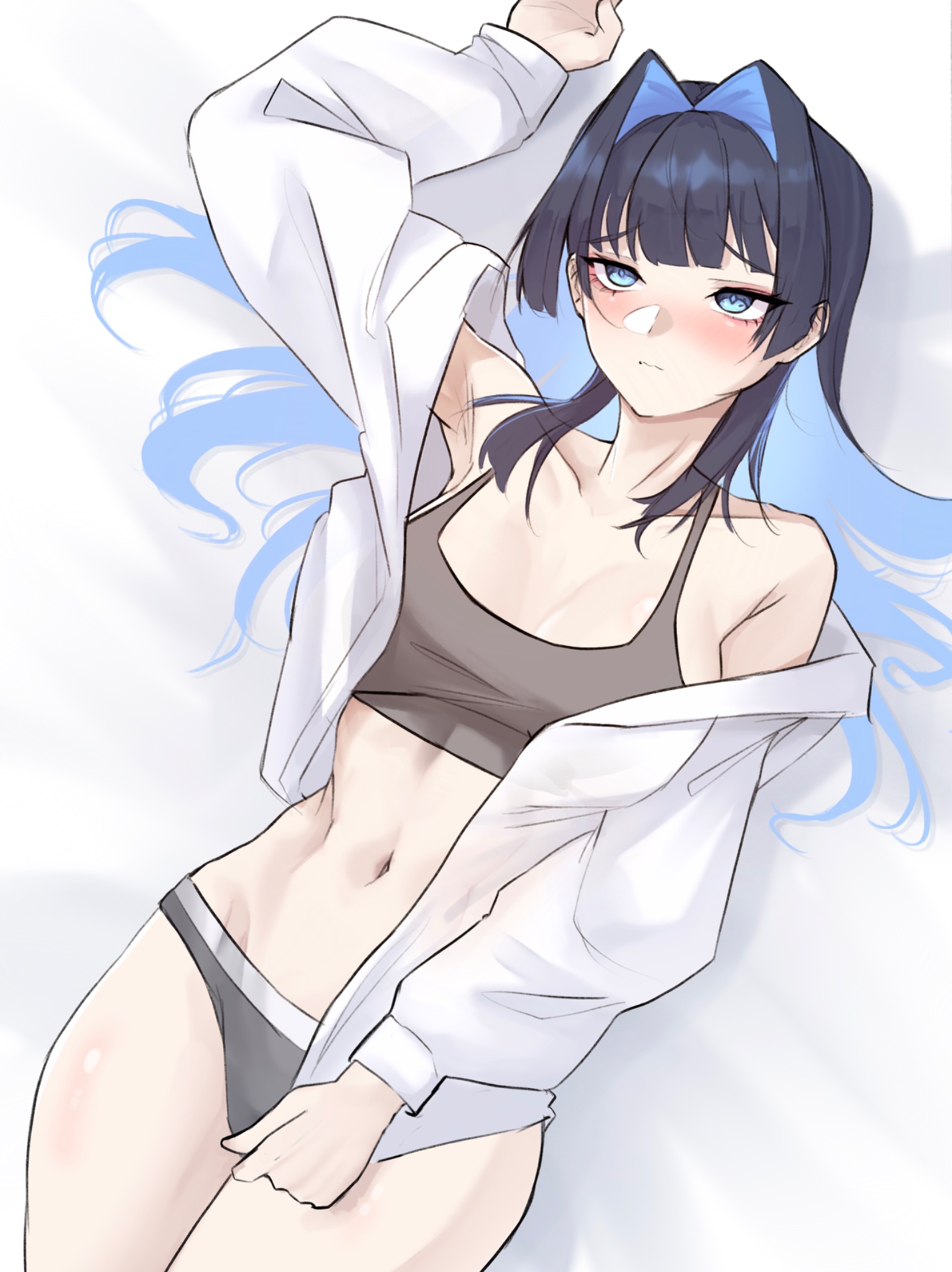nurizza ilst, ouro kronii, hololive, hololive english, highres, 1girl, black hair, blue eyes, blue hair, blush, breasts, closed mouth, expressionless, grey panties, grey sports bra, hair intakes, large breasts, long hair, lying, navel, on back, open clothes, open shirt, panties, shirt, solo, sports bra, underwear, virtual youtuber, white shirt