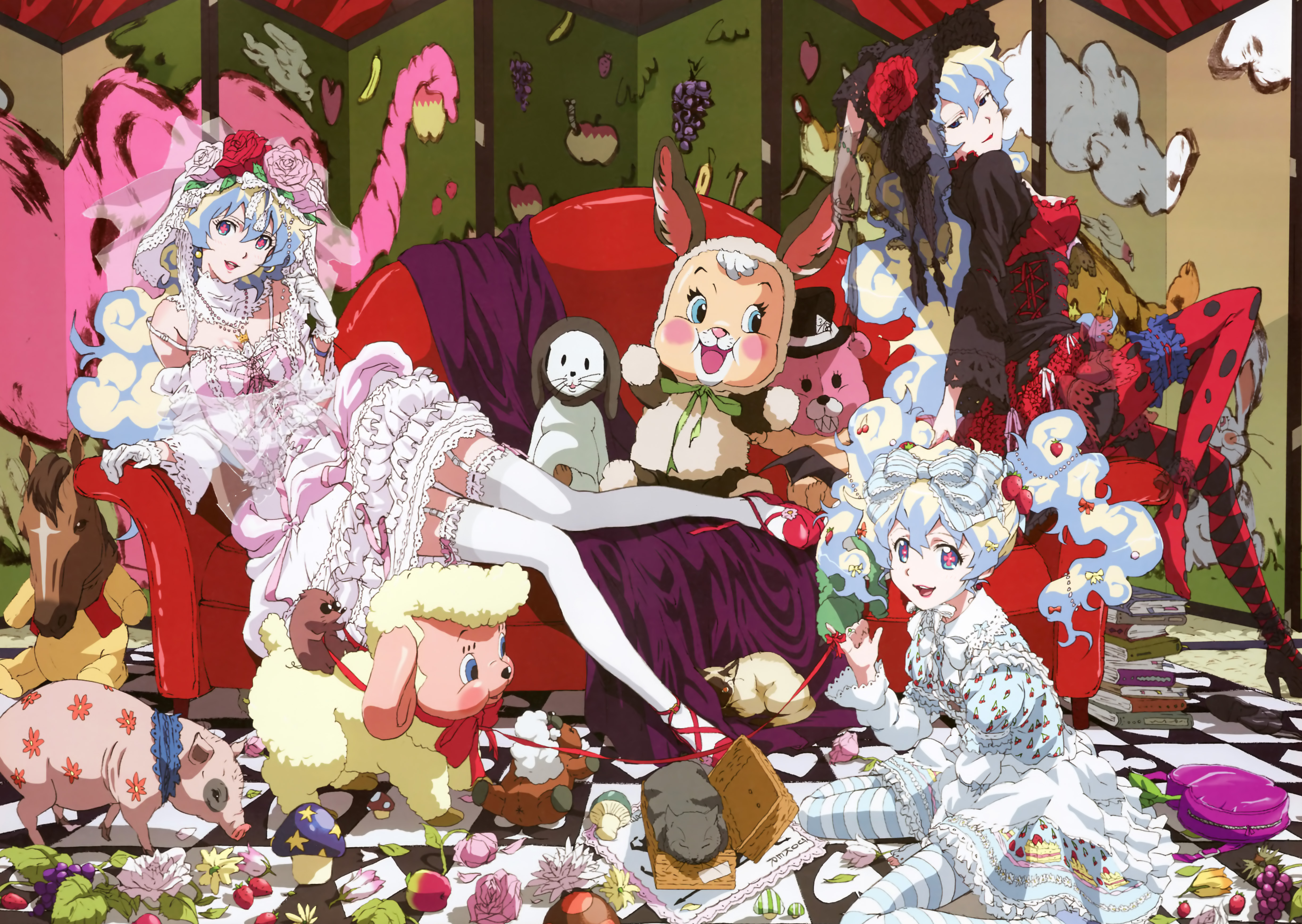 antispiral nia, boota (ttgl), nia teppelin, tengen toppa gurren lagann, striped legwear, absurdres, highres, scan, + +, 00s, 3girls, blue hair, breasts, corset, cross-shaped pupils, dress, garter belt, gloves, gothic lolita, hair ribbon, hat, lace, large breasts, lolita fashion, long hair, multiple girls, multiple persona, pantyhose, ribbon, shoes, single shoe, striped clothes, striped pantyhose, sweet lolita, symbol-shaped pupils, thighhighs, time paradox, twintails