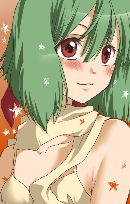 yuuna katsumi, ranka lee, macross, macross frontier, 00s, 1girl, blush, female focus, green hair, red eyes, smile, solo