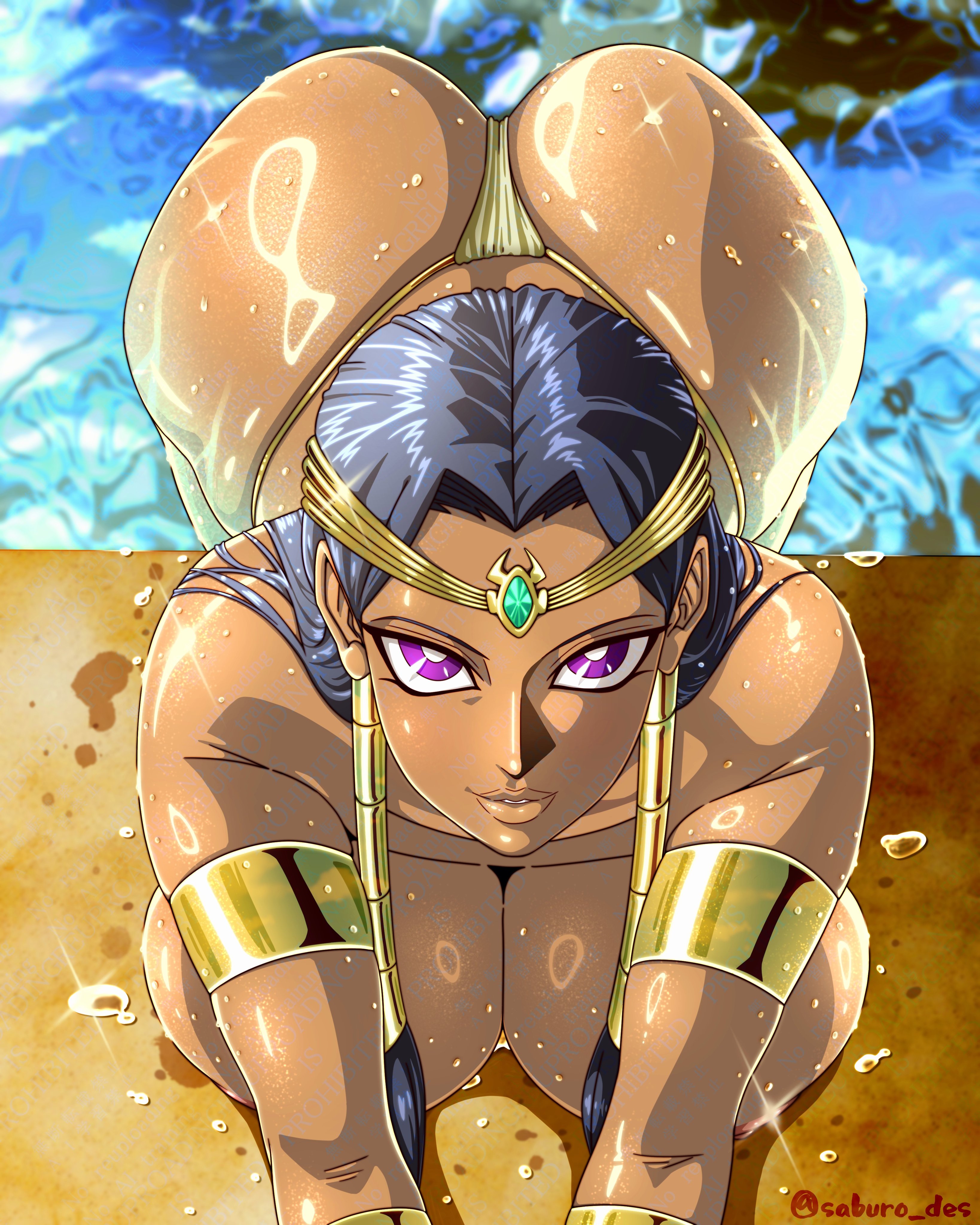 saburo des, ishizu ishtar, yu-gi-oh!, yu-gi-oh! duel monsters, 1girl, armlet, artist name, ass, bare shoulders, bikini, black hair, breasts, collarbone, dark-skinned female, dark skin, egyptian, female focus, hair ornament, jewelry, large breasts, lips, long hair, looking at viewer, poolside, purple eyes, swimsuit, topless female, wet