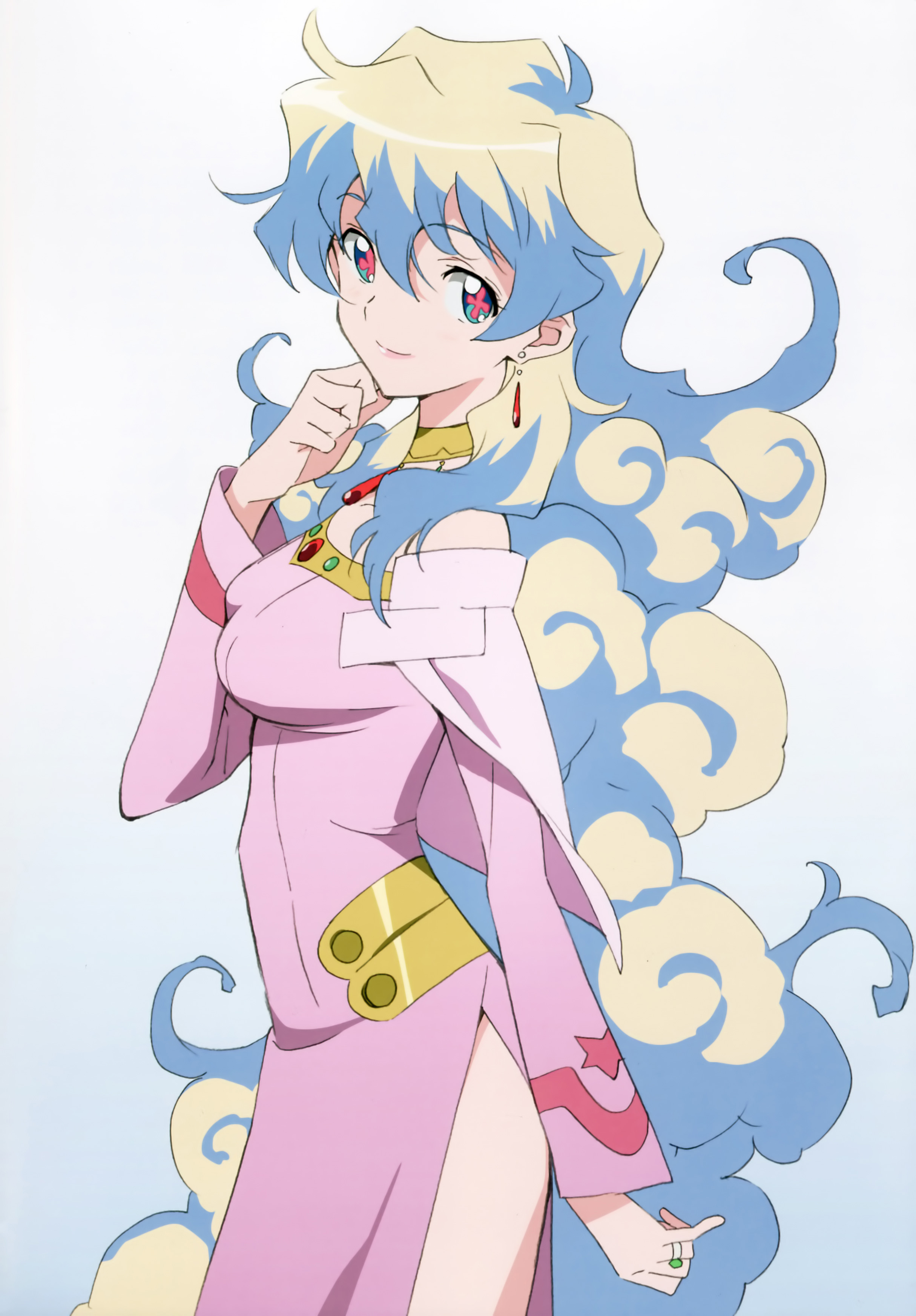 nishigori atsushi, nia teppelin, tengen toppa gurren lagann, absurdres, highres, official art, scan, 00s, 1girl, blonde hair, blue eyes, blue hair, curly hair, dress, earrings, jewelry, long hair, multicolored hair, necklace, ring, side slit, smile, symbol-shaped pupils, very long hair