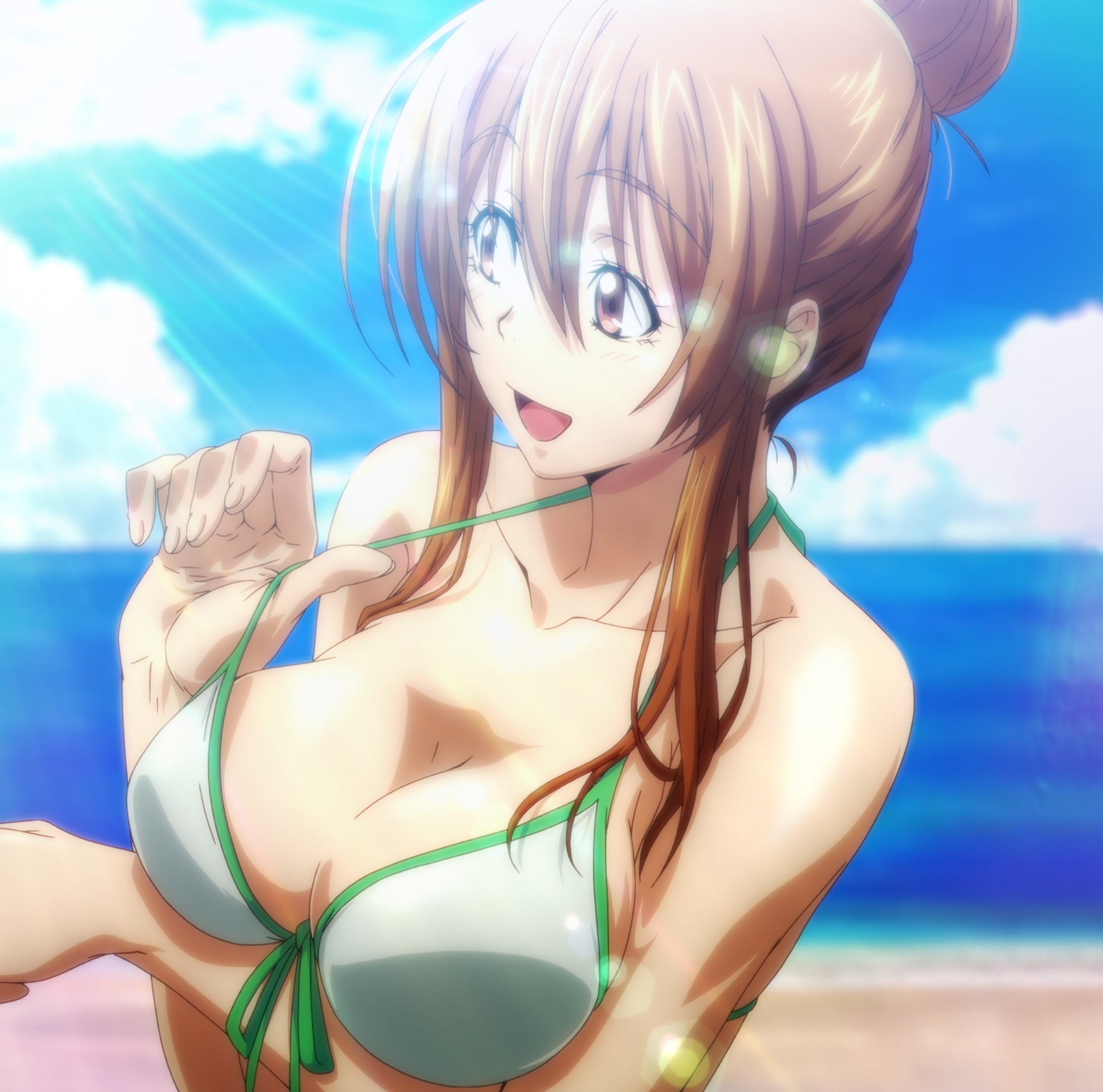 kotegawa nanaka, grand blue, anime screenshot, highres, stitched, third-party edit, 1girl, arm under breasts, bikini, breasts, brown eyes, brown hair, cleavage, collarbone, front-tie bikini top, front-tie top, large breasts, open mouth, smile, strap pull, swimsuit, white bikini