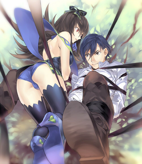 ginka sima, original, blue footwear, 1boy, 1girl, bdsm, black hair, blue hair, bondage, boots, bound, bow, brown hair, couple, gloves, hair bow, heart, hetero, high heels, long hair, nature, panties, red eyes, ribbon, shoes, thighhighs, underwear