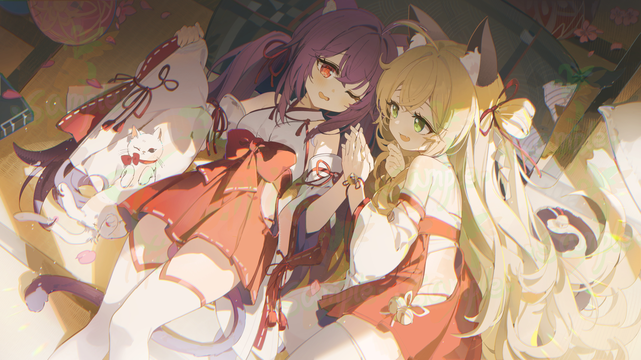coria, original, highres, 2girls, animal ears, bare shoulders, blonde hair, green eyes, long hair, long sleeves, looking at another, lying, multiple girls, nontraditional miko, off shoulder, on back, one eye closed, open mouth, purple hair, red eyes, smile, thighhighs, white thighhighs, wide sleeves