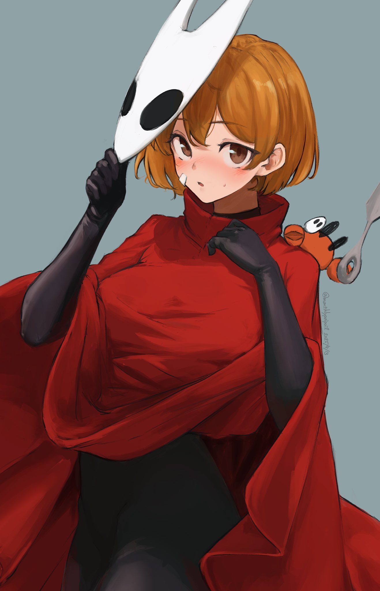 umibudou, hornet (hollow knight), oboro (kancolle), hollow knight, hollow knight: silksong, kantai collection, commentary request, highres, revision, 1girl, bandaid, bandaid on cheek, bandaid on face, black bodysuit, blue background, blush, bodysuit, breasts, brown eyes, brown hair, cloak, cosplay, crab, crab on shoulder, hair between eyes, holding, holding mask, hornet (hollow knight) (cosplay), kunai, looking at viewer, mask, orange hair, parted lips, red cloak, short hair, simple background, solo, sweat, weapon