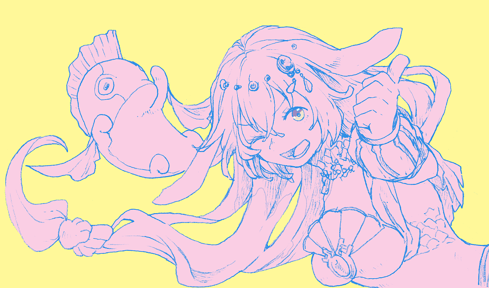 michibata 65, milsha (another eden), minchy (another eden), another eden, commentary request, 1girl, ;d, arm up, bandeau, crossed bangs, detached sleeves, double-parted bangs, fish, foreshortening, hair between eyes, hair flaps, hair ornament, hatching (texture), head tilt, linear hatching, long hair, looking at viewer, looking to the side, low-tied long hair, lower teeth only, one eye closed, open mouth, outstretched arm, pink theme, scales, shell, shell hair ornament, sidelocks, simple background, smile, teeth, thumbs up, upper body, v-shaped eyebrows, very long hair, yellow background