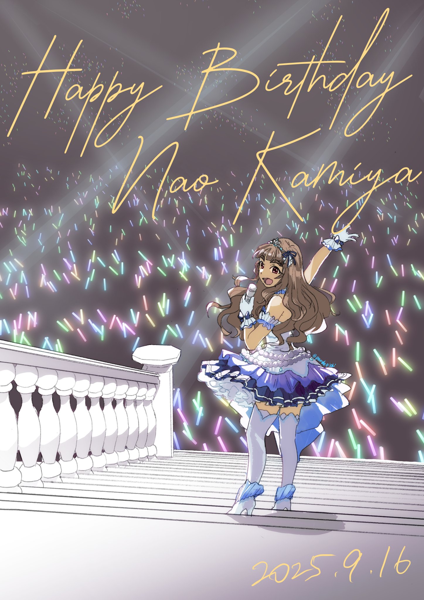 pandayagi, kamiya nao, idolmaster, idolmaster cinderella girls, commentary request, highres, 1girl, arm garter, arm up, armpit crease, artist name, baluster, bare shoulders, beads, black bow, black ribbon, blue dress, bow, brown hair, character name, concert, dated, dress, foot up, from above, from behind, full body, gloves, glowstick, hair ribbon, hand up, happy birthday, high heels, holding, holding microphone, long hair, looking at viewer, looking back, looking up, microphone, multicolored dress, music, on stairs, open mouth, outstretched arm, penlight (glowstick), railing, red eyes, ribbon, shadow, shoes, short dress, sideways glance, singing, sleeveless, sleeveless dress, smile, solo, stage lights, stairs, standing, thick eyebrows, thighhighs, tiara, turning head, twitter username, wavy hair, white dress, white gloves, white shoes, white thighhighs, wrist bow, zettai ryouiki