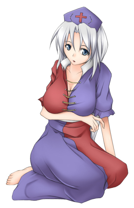 mitsuki (pixiv11671), mitsuki (toriaezu), yagokoro eirin, touhou, breast hold, 1girl, blue eyes, breasts, cleavage, dress, female focus, full body, hat, long hair, simple background, sitting, solo, white background, white hair