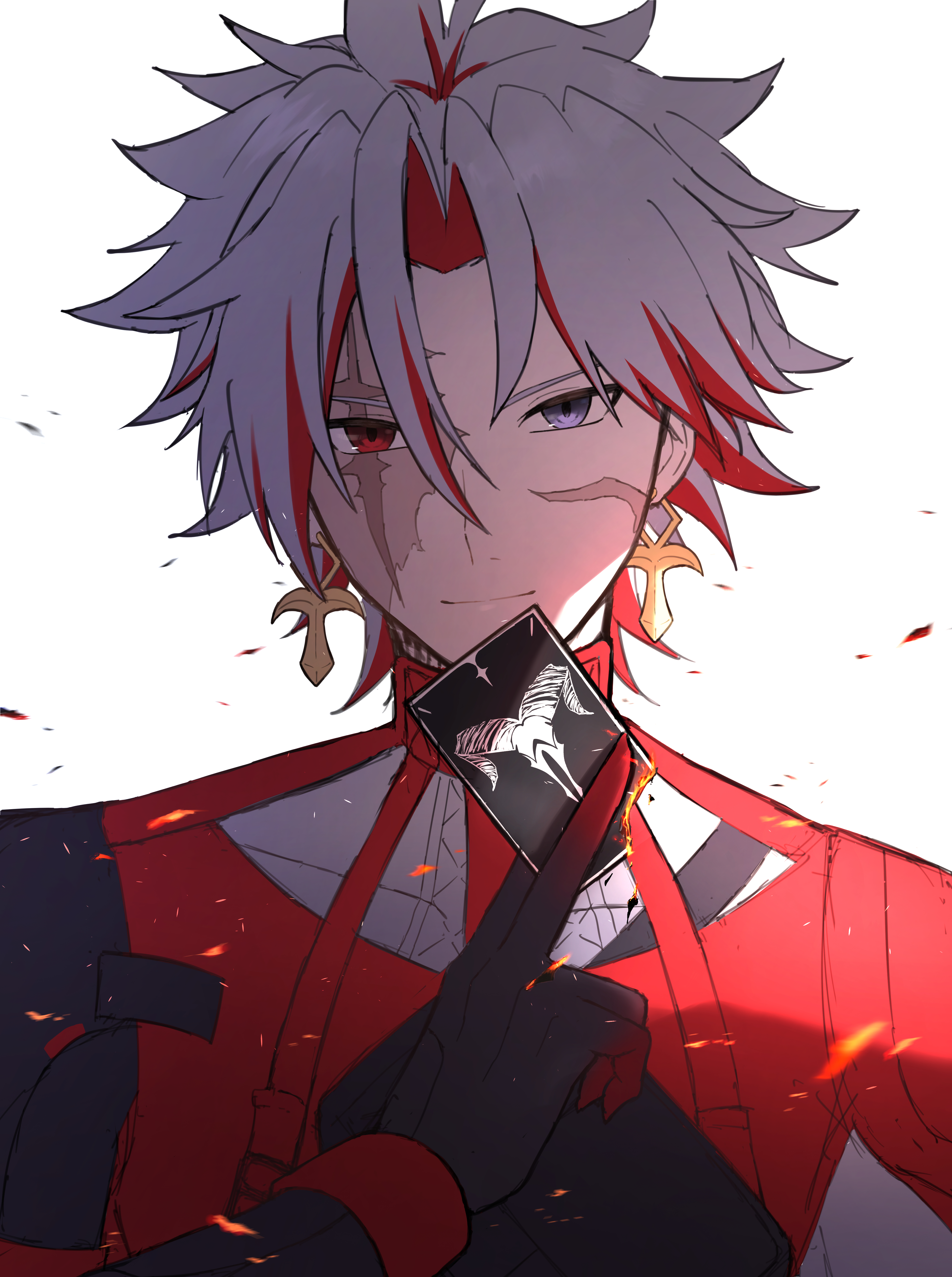 nomosuke172, scar (wuthering waves), wuthering waves, absurdres, commentary, highres, 1boy, burn scar, card, closed mouth, colored inner hair, cross, cross earrings, earrings, heterochromia, holding, holding card, jewelry, looking at viewer, male focus, multicolored hair, portrait, purple eyes, red eyes, red hair, scar, scar across eye, scar on face, short hair, smile, solo, white hair
