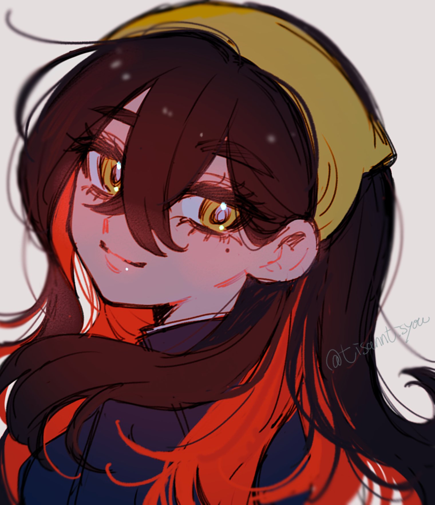 tisanntisyou, carmine (pokemon), nintendo, pokemon, pokemon sv, commentary, highres, symbol-only commentary, 1girl, black hair, blue jacket, closed mouth, crossed bangs, eyelashes, grey background, hair between eyes, hairband, jacket, long hair, mole, mole under eye, multicolored hair, red hair, simple background, solo, twitter username, upper body, yellow eyes, yellow hairband