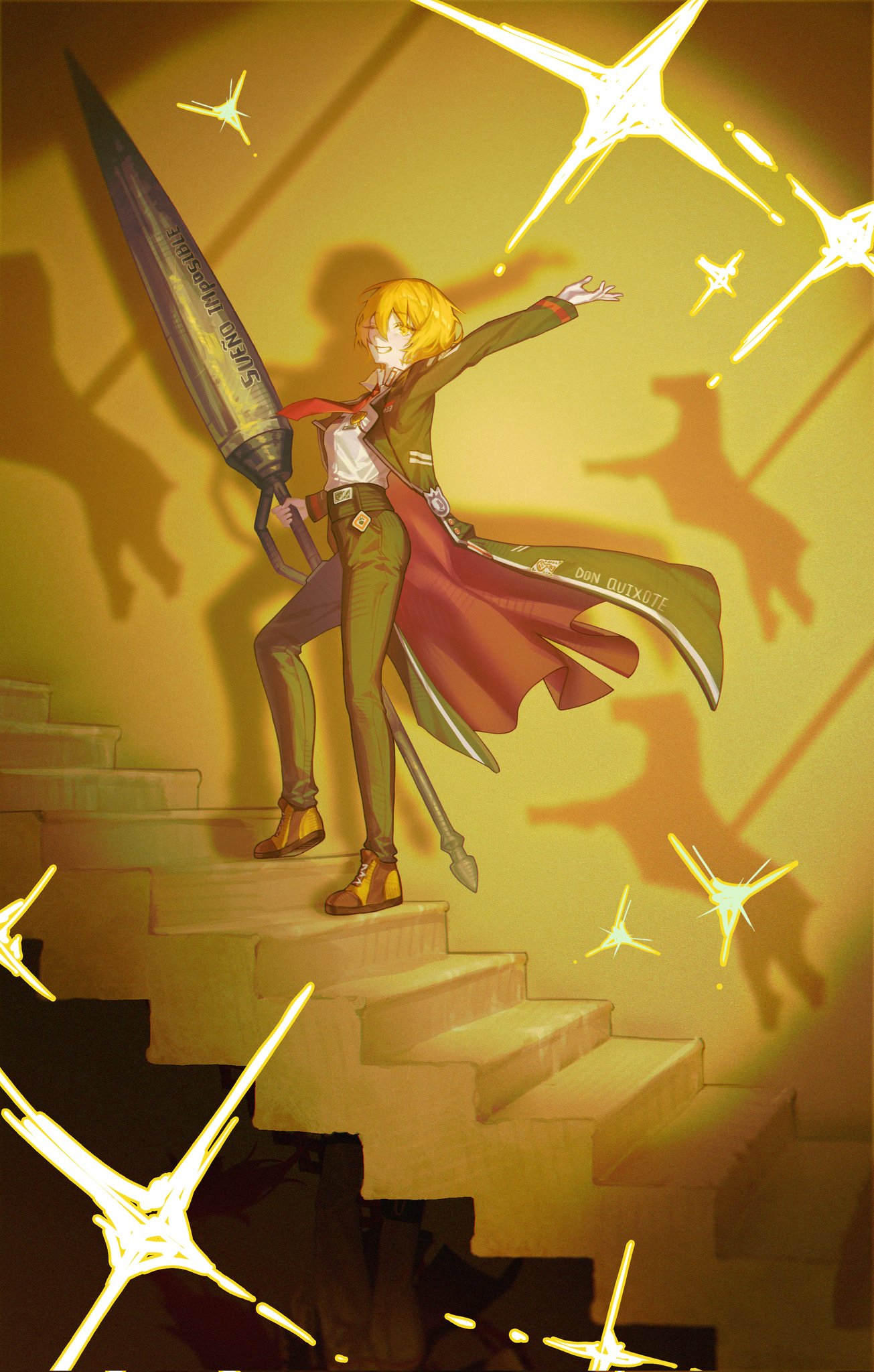 don quixote (project moon), limbus company, project moon, highres, 1girl, ahemsehszlfmf, black coat, black pants, blonde hair, coat, collared shirt, full body, holding, holding polearm, holding weapon, long sleeves, looking at viewer, necktie, one eye closed, open mouth, pants, polearm, red necktie, red shoes, shirt, shoes, short hair, simple background, solo, stairs, standing, weapon, white shirt, yellow background, yellow eyes
