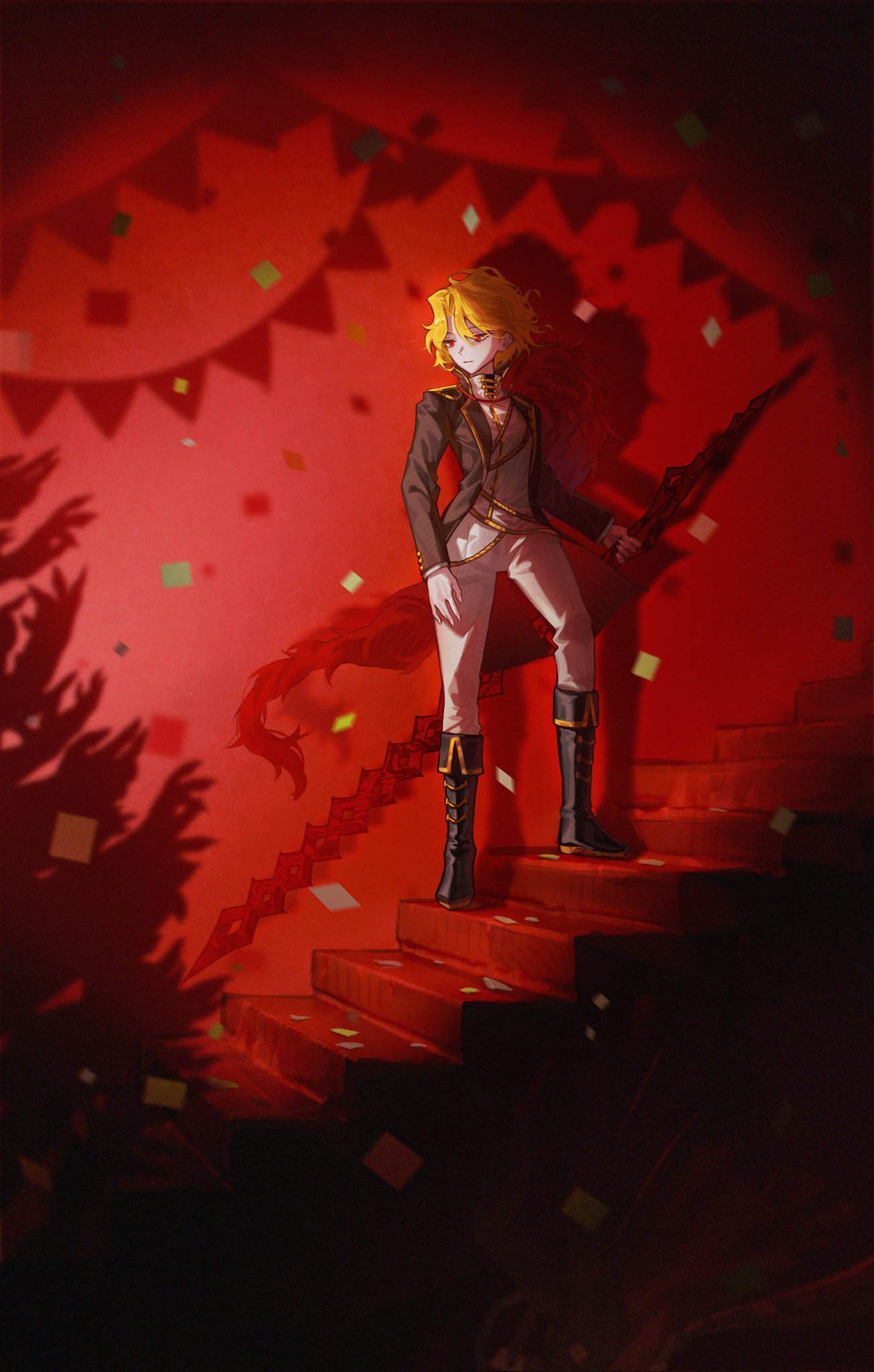 don quixote (project moon), sancho (project moon), limbus company, project moon, highres, 1girl, ahemsehszlfmf, black coat, black shoes, blonde hair, closed mouth, coat, confetti, feather boa, full body, gold trim, holding, holding polearm, holding weapon, long sleeves, looking at viewer, pants, parted bangs, polearm, red background, red eyes, shirt, shoes, short hair, simple background, solo, stairs, standing, weapon, white pants, white shirt