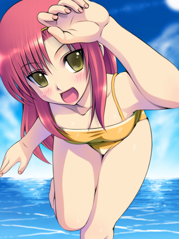 yagitori, katsura hinagiku, hayate no gotoku!, 00s, 1girl, barefoot, bikini, blush, breasts, brown eyes, cleavage, cloud, day, female focus, hairband, long hair, medium breasts, ocean, outdoors, pink hair, sky, solo, swimsuit, thighs, water, yellow bikini