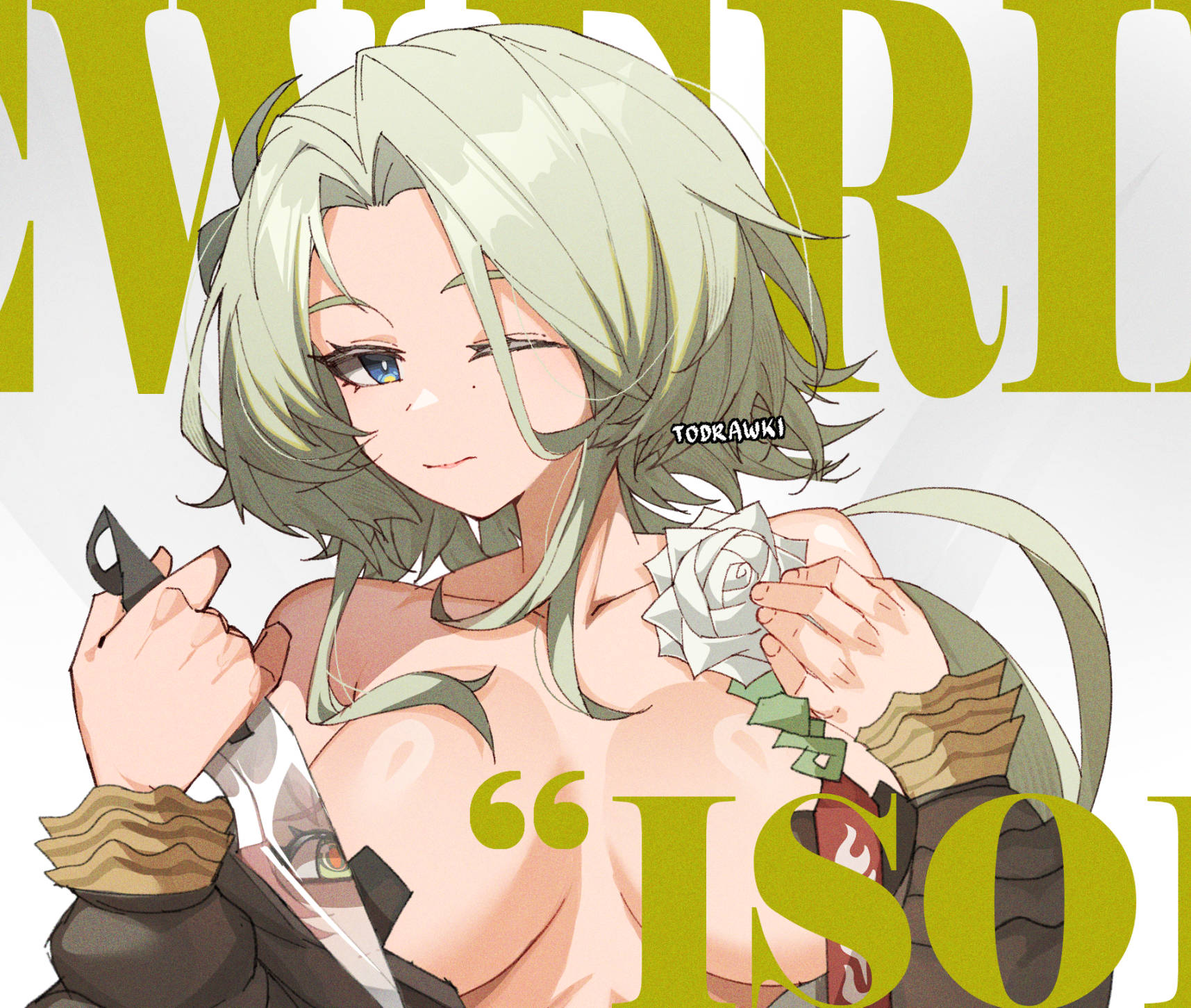 wokiiarts, isolde (zenless zone zero), zenless zone zero, highres, 1girl, artist name, black dress, blue eyes, breasts, collarbone, dagger, dress, english text, flower ornament, green eyes, green hair, holding, holding dagger, holding knife, holding weapon, knife, large breasts, mindscape cinema (zenless zone zero), one eye closed, pasties, solo, weapon, white background