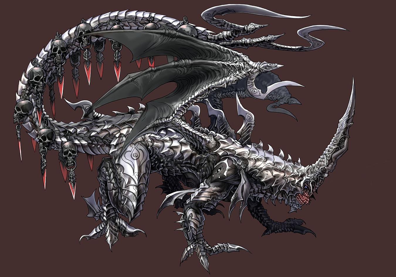 wen-m, anima, armor, horns, monster, single horn, spikes, tail, wings