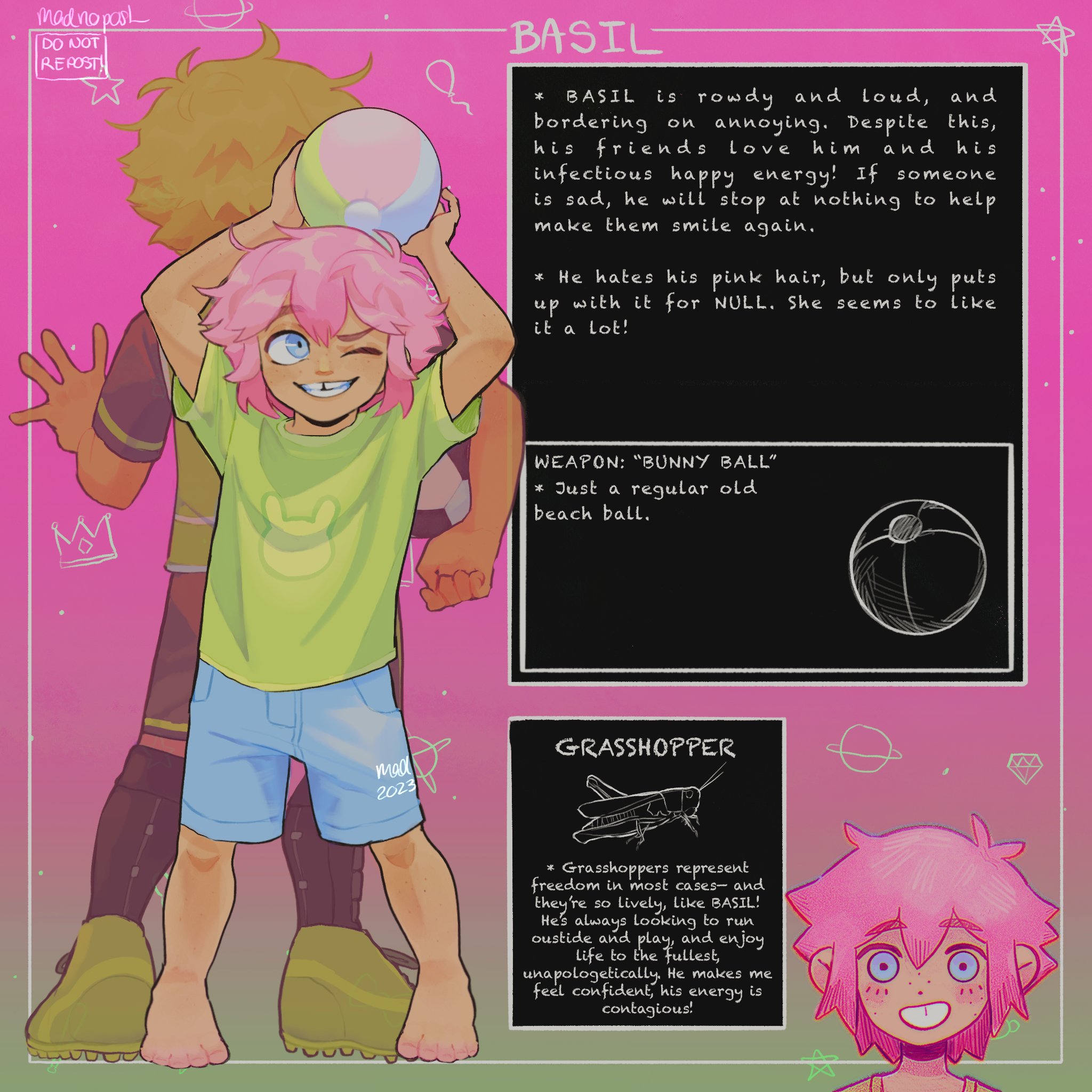 madnopost, basil (faraway) (omori), basil (headspace) (omori), basil (omori), omori, highres, 2023, 2boys, alternate costume, alternate eye color, alternate hair color, alternate skin color, alternate universe, antenna hair, arms up, artist name, ball, barefoot, black shorts, blonde hair, blue eyes, blue shorts, cleats, double-parted bangs, dual persona, english text, full body, green shoes, hair between eyes, holding, holding ball, looking at viewer, male focus, multiple boys, omocat (style), one eye closed, open mouth, pink hair, shin guards, shirt, shoes, short hair, short sleeves, shorts, sidelocks, t-shirt, teeth, tooth gap