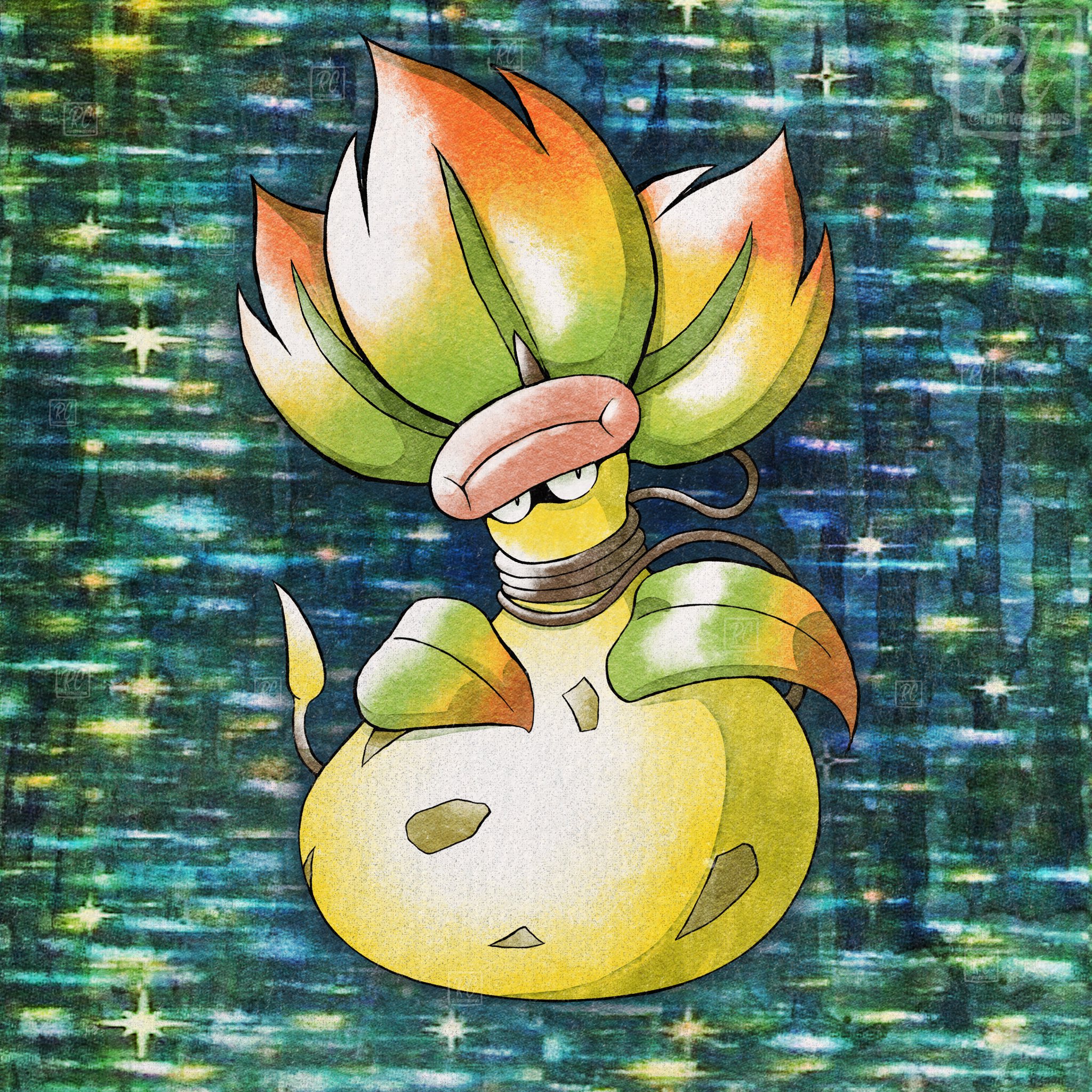 rcortezdraws, mega victreebel, victreebel, nintendo, pokemon, pokemon legends: z-a, commentary, english commentary, highres, black eyes, closed mouth, colored skin, full body, gen 1 pokemon, leaf, mega pokemon, no humans, parody, pink lips, plant, plant monster, pokemon (creature), pokemon focus, smile, solo, spotted skin, style parody, vines, yellow skin