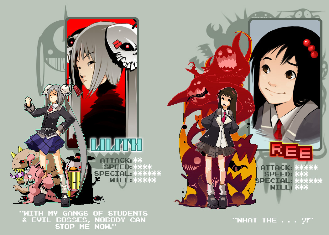 shaun healey, lilith (endling), ree (shaun healey), original, silver hair, 2girls, black hair, blouse, brown eyes, brown hair, character name, collared shirt, english text, glowing, glowing eyes, hair bobbles, hair ornament, hairpin, long hair, loose socks, monster, multiple girls, pixel art, rabbit, school uniform, shirt, skull, skull hair ornament, socks, stats, stitches, text focus, twintails, very long hair, white shirt