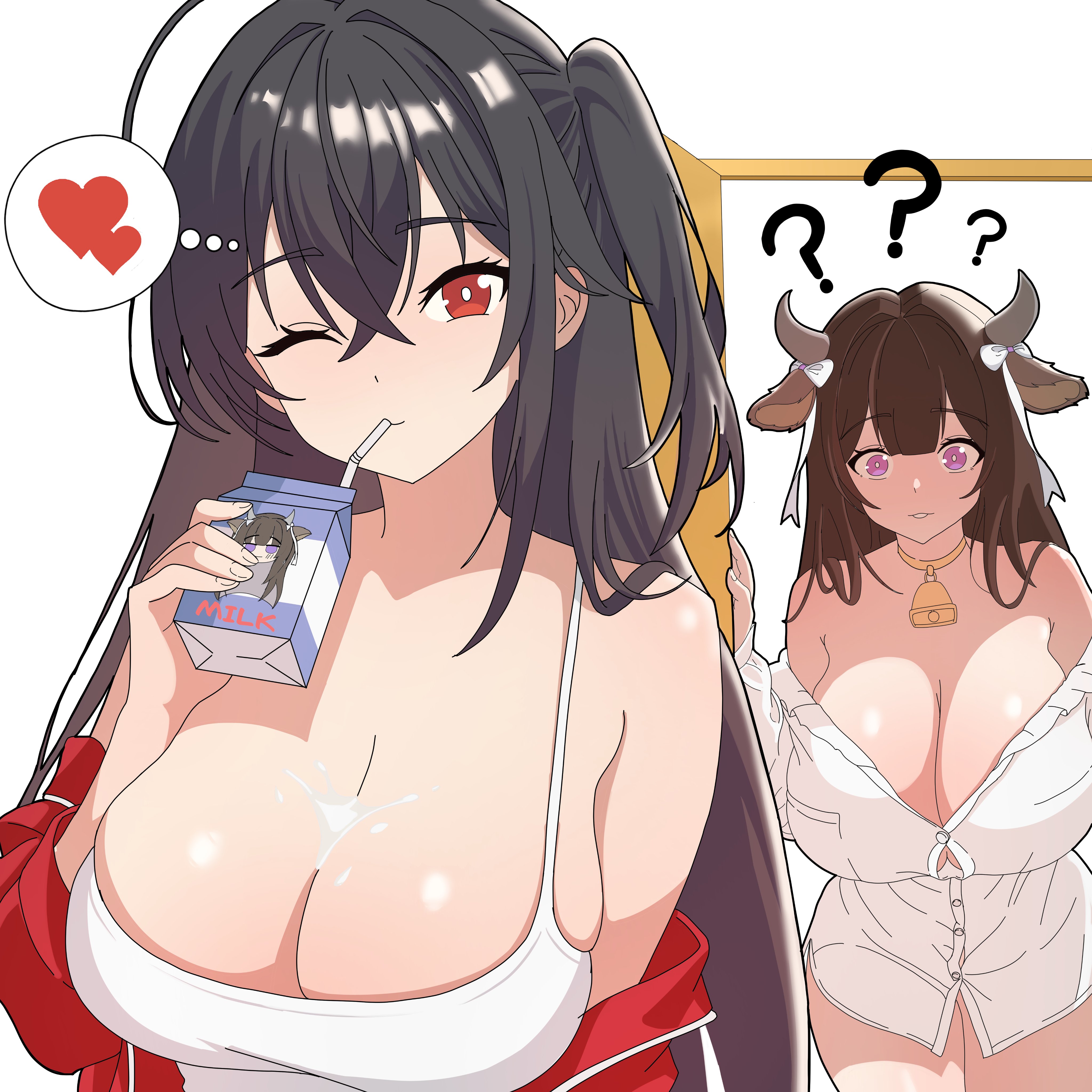 kashino (azur lane), taihou (azur lane), azur lane, absurdres, commentary, english commentary, highres, 2girls, ?, ??, ahoge, alternate costume, animal ears, bandaid, bandaid on head, bare shoulders, bell, bendy straw, black hair, blush, bow, breasts, brown hair, button gap, buttons, casual, cleavage, closed mouth, cow ears, cow girl, cow horns, cow tail, cowbell, door, drinking, drinking straw, fingernails, hand up, heart, holding, holding milk carton, horns, huge breasts, jacket, long hair, milk, milk carton, multiple girls, off shoulder, one eye closed, one side up, open door, pink eyes, red eyes, red jacket, ribbon, shirt, simple background, skindentation, spaghetti strap, speech bubble, spilled milk, standing, staznyan, suggestive fluid, tail, tank top, teeth, thighs, thought bubble, very long hair, white background, white bow, white ribbon, white shirt