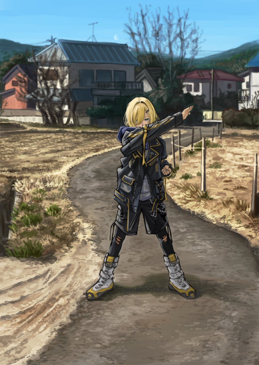 koze niire, uzuki kou, nijisanji, hashtag-only commentary, highres, 1boy, bare tree, black jacket, black leggings, black shorts, blonde hair, blue sky, boots, building, clenched hand, day, grass, hair between eyes, hair ornament, hairclip, henshin pose, hood, hood down, jacket, leggings, male focus, outdoors, power lines, shorts, sky, solo, standing, torn clothes, torn leggings, tree, uzuki kou (5th costume), virtual youtuber, white boots