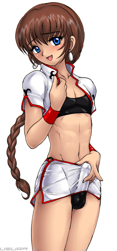 usura, 1boy, androgynous, artist name, blue eyes, braid, brown hair, bulge, crossdressing, crossdressing (mtf), earrings, erection, erection under clothes, jewelry, looking at viewer, male focus, midriff, open mouth, shota, skirt, solo, standing, trap