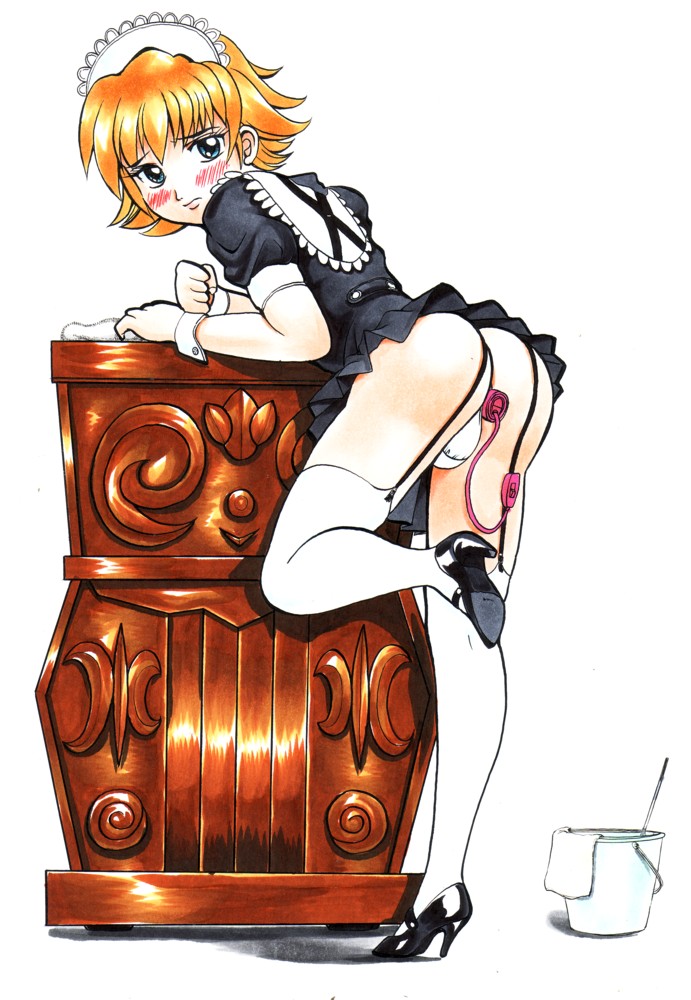 usura, original, 1boy, anal, ass, blue eyes, blush, bulge, crossdressing, crossdressing (mtf), looking back, maid, male focus, male maid, male penetrated, orange hair, sex toy, shota, solo, trap, vibrator
