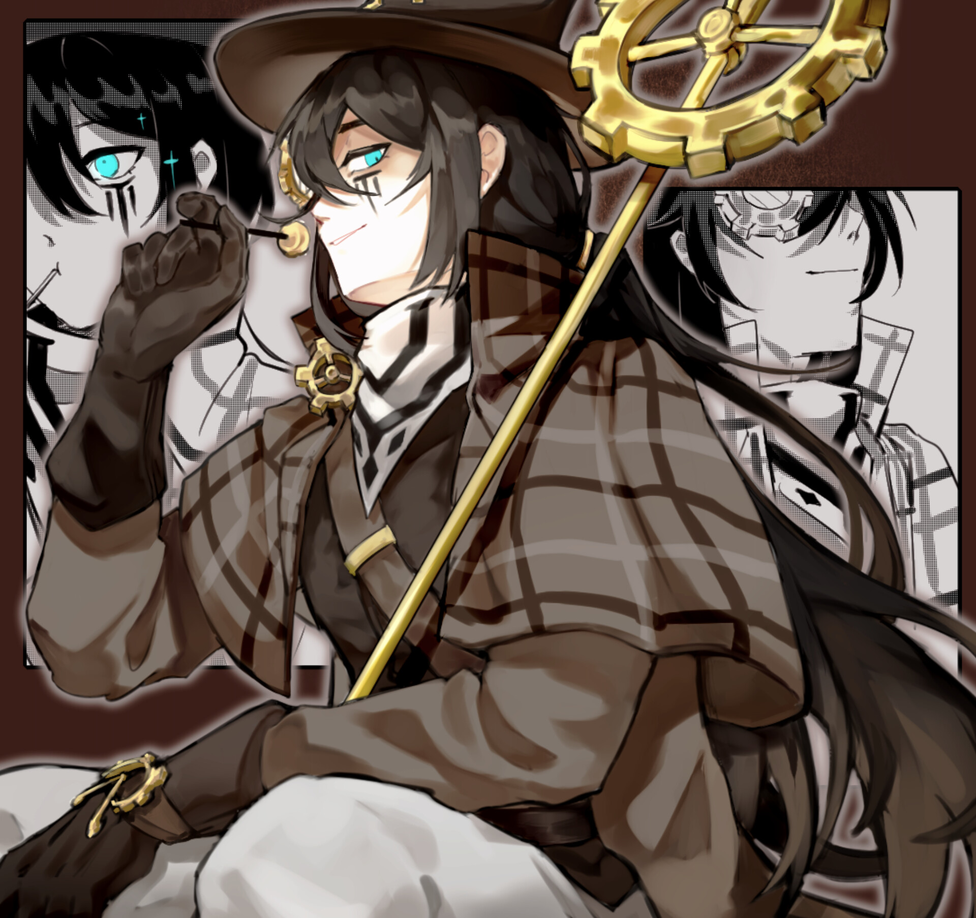 goawat, hong lu (project moon), limbus company, project moon, highres, 1boy, bandana, black gloves, black hair, black vest, blue eyes, brown background, brown capelet, brown coat, brown hat, candy, capelet, coat, food, gears, gloves, hat, holding, holding candy, holding food, holding lollipop, lollipop, long hair, looking at viewer, low ponytail, male focus, monocle, multiple views, pants, plaid capelet, plaid clothes, ponytail, simple background, sitting, solo, steampunk, top hat, upper body, vest, white bandana, white pants, yurodiviye (identity) (project moon)
