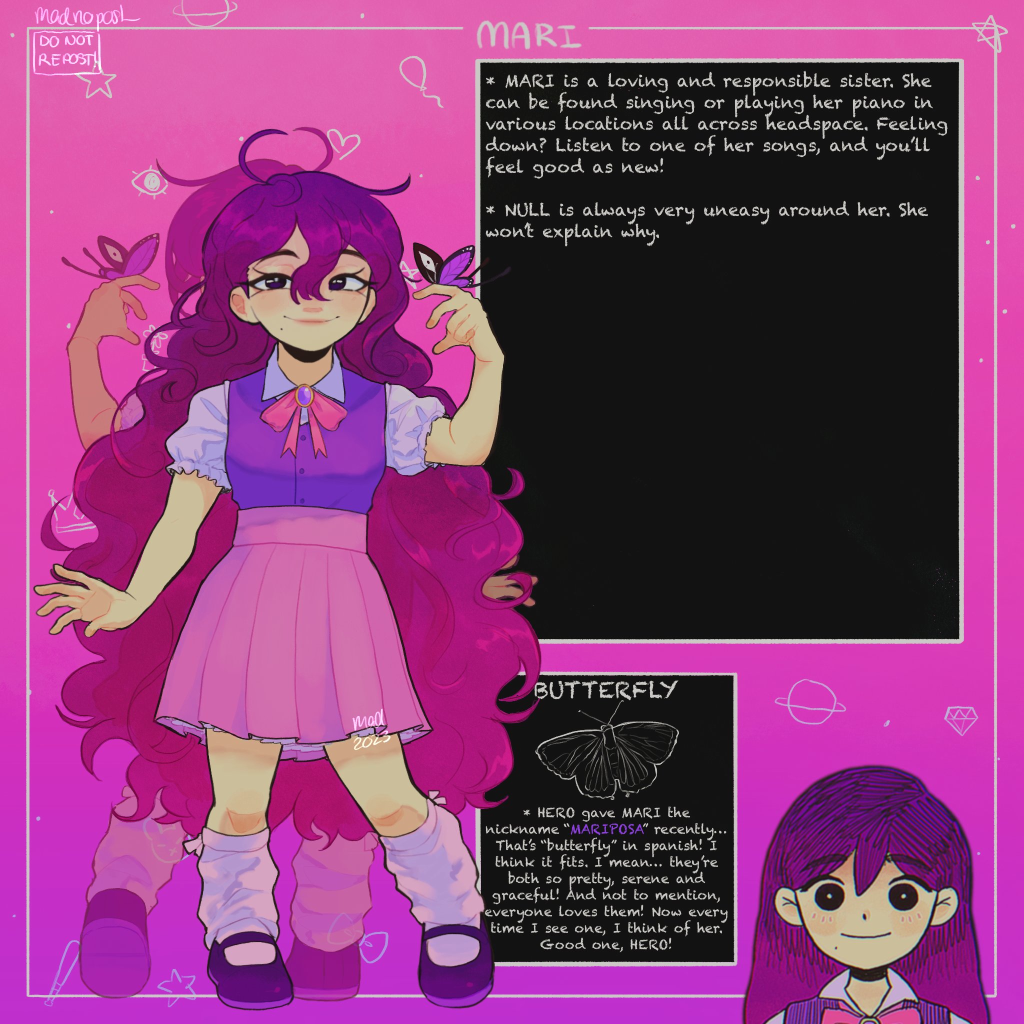 madnopost, mari (faraway) (omori), mari (headspace) (omori), mari (omori), something (omori), omori, highres, spoilers, 2023, 2girls, alternate costume, alternate eye color, alternate hair color, alternate universe, artist name, black eyes, black shoes, bow, bug, butterfly, butterfly on hand, character name, closed mouth, double-parted bangs, dual persona, english text, full body, gradient hair, hair between eyes, insect, long hair, looking at viewer, mole, mole under mouth, multicolored hair, multiple girls, omocat (style), pink hair, puffy short sleeves, puffy sleeves, purple hair, red bow, shoes, short sleeves, smile, socks, two-tone hair, very long hair, white socks