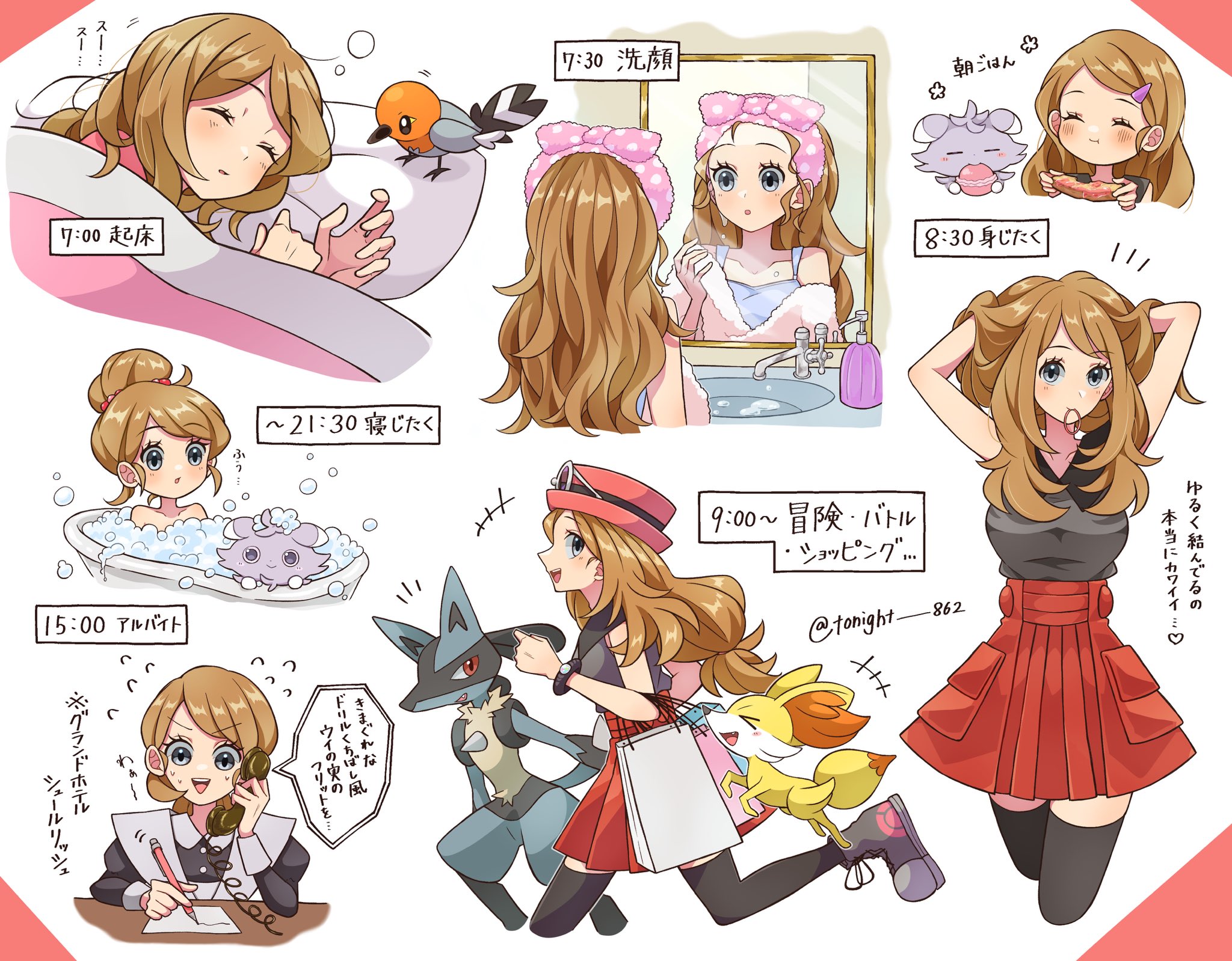 rain (tonight 862), espurr, fennekin, fletchling, lucario, serena (pokemon), nintendo, pokemon, pokemon xy, commentary request, highres, translation request, 1girl, bag, bath, bathtub, bed, black thighhighs, blanket, blonde hair, blue eyes, blue tank top, blush, breasts, closed eyes, closed mouth, dressing, eating, eyewear on headwear, food, gen 4 pokemon, gen 6 pokemon, hair bun, hair tie in mouth, hairband, hat, holding, holding bag, holding pen, long hair, mirror, mouth hold, open mouth, pajamas, paper, pen, phone, pillow, pink hat, pink pajamas, pokemon (creature), red hat, red skirt, shirt, shopping bag, sink, skirt, sleeping, sleeveless, sleeveless shirt, smile, soap, soap bubbles, speech bubble, sunglasses, talking on phone, tank top, thighhighs, towel, tying hair, under covers, waitress, water, white-framed eyewear, writing